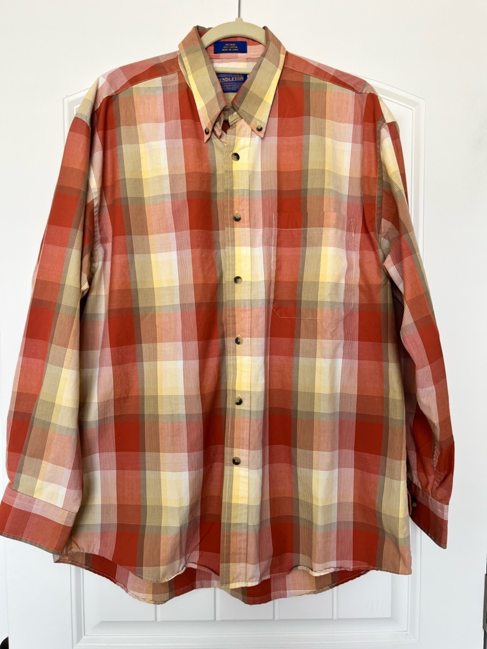 Pendleton Men's Orange-Brown and Yellow Plaid Button-Down Shirt Size Large